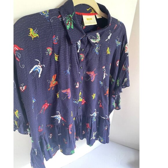 Anthropologie Blouse Womens Medium Blue Butterfly Short Sleeve Button Peplum Hem - Picture 3 of 14